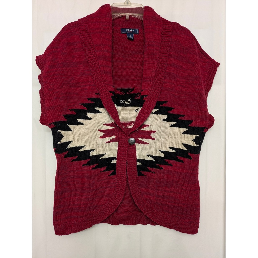 Chaps Denim Womens Red Southwestern Shawl Collar Sleeveless Cardigan Sweater M
